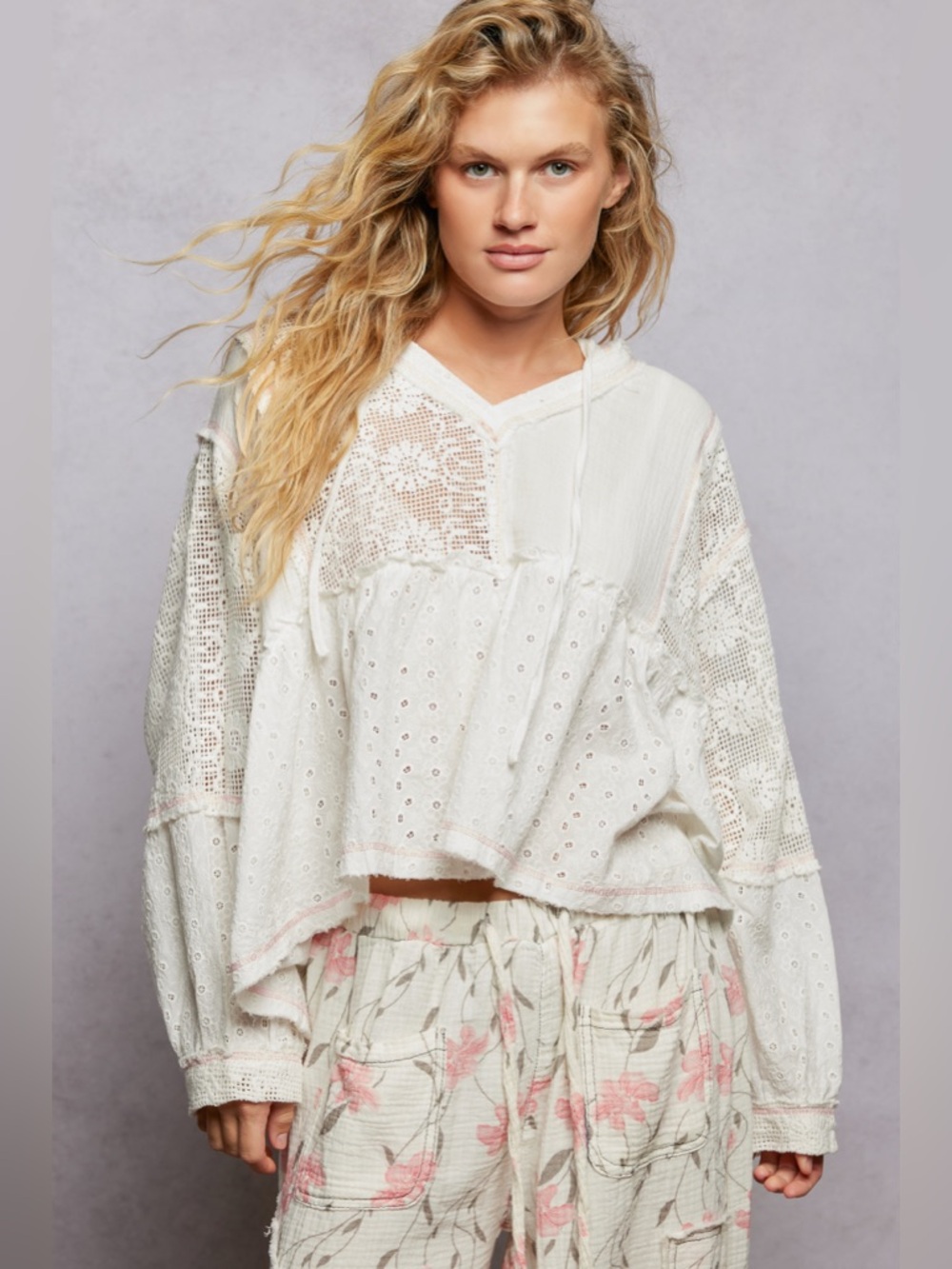 POL “ Flower Festival Hoodie “ Patchwork Lace Top | White